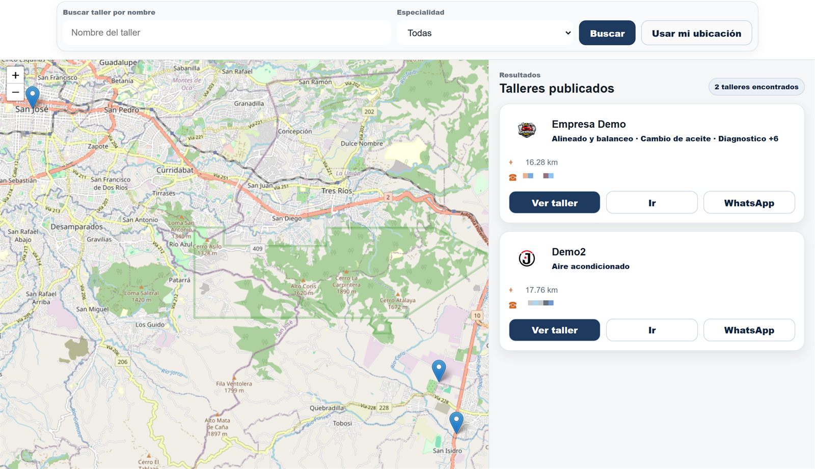 Buscador TuTallerCerca: búsqueda por nombre y especialidad, botón Usar mi ubicación, mapa con talleres y resultados con distancia, especialidades y botones Ver taller, Ir y WhatsApp.